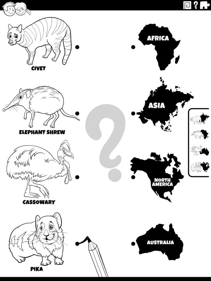 Associez les animaux et les continents à la page du livre de coloriage vecteur