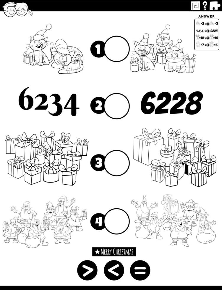 tâche plus ou moins importante avec la page du livre de coloriage des personnages de noël vecteur