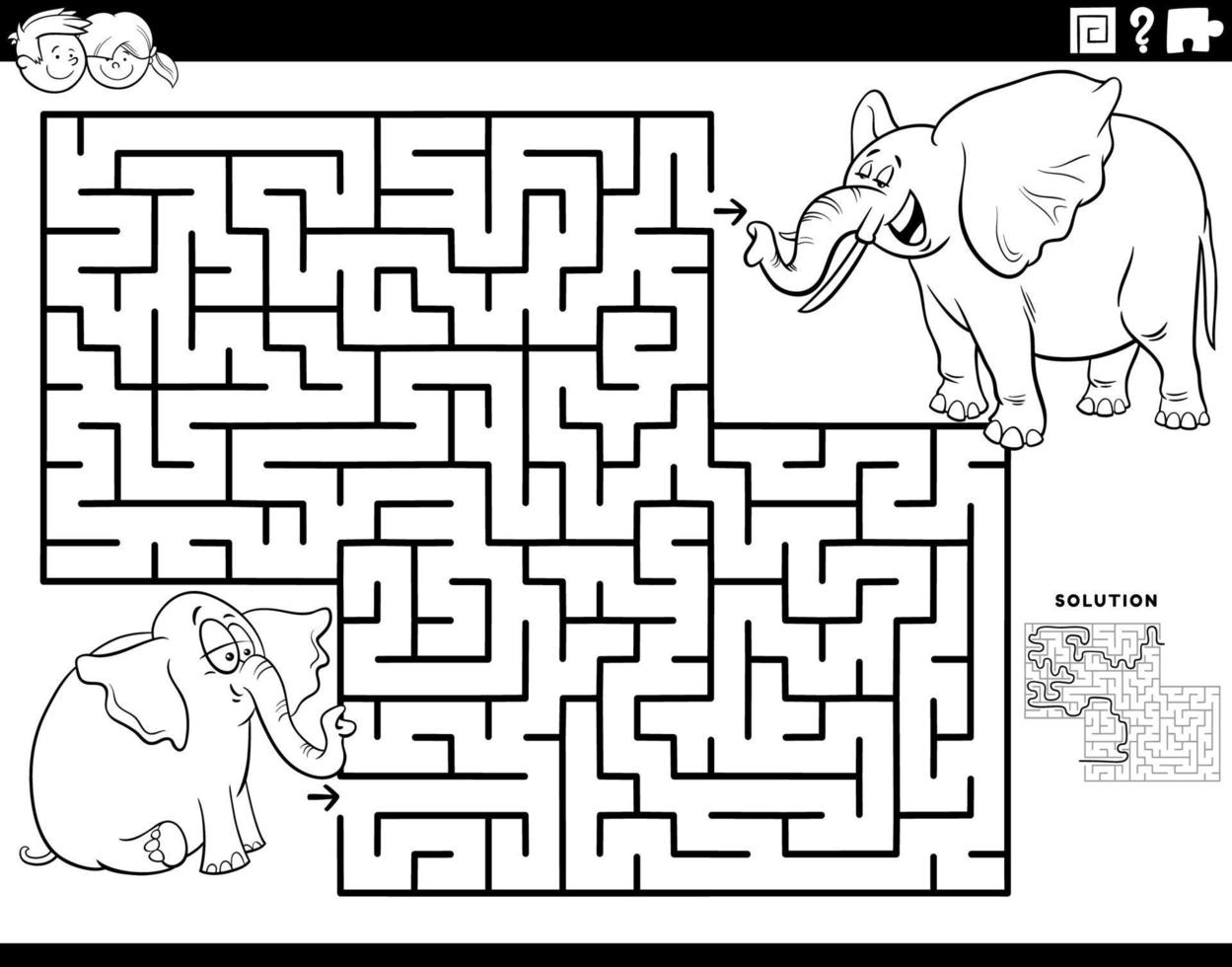 labyrinthe avec bébé éléphant avec page de livre de coloriage maman vecteur