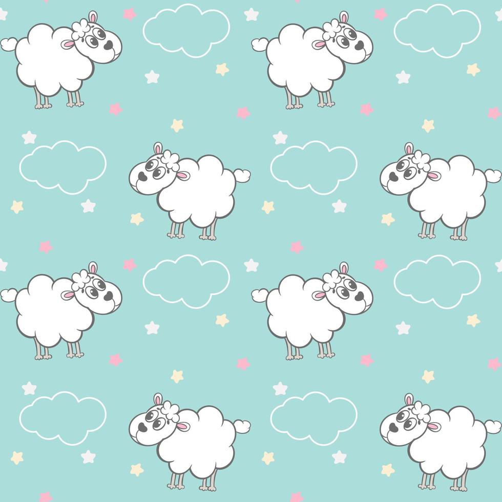 mouton moelleux mignon avec motif sans couture de nuages et d'étoiles vecteur