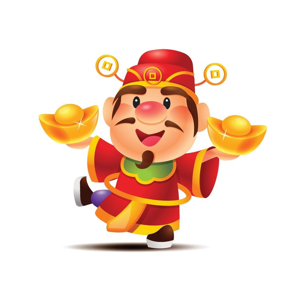 nouvel An chinois. dessin animé mignon dieu de la richesse tenant deux gros lingots d'or, avec un coup de pied dans une jambe vecteur