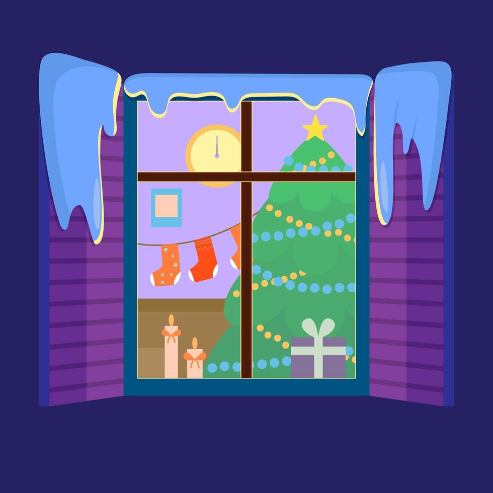 chambre décorée pour Noël à travers la fenêtre enneigée. la nuit. illustration vectorielle dans un style plat pour affiche, bannière, carte et arrière-plan. vecteur