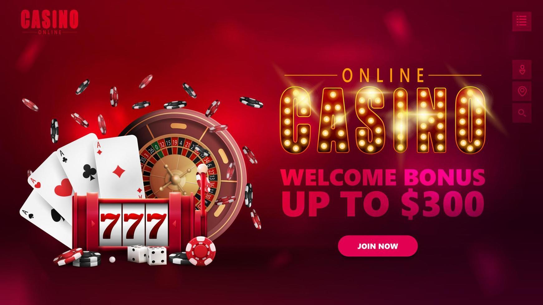 casino en ligne, bannière pour site Web avec éléments d'interface, symbole avec ampoules dorées, machine à sous, roulette de casino, jetons de poker et cartes à jouer. vecteur