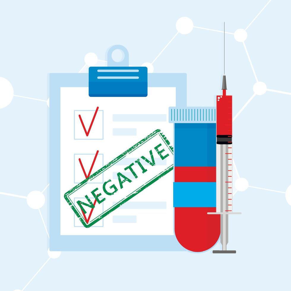 négatif résultat de tester sang, vérifier en haut et positif nouvelles de analyse. vecteur illustration. médical se soucier, médicament papier, diagnostic vérifier, enquête carte, questionnaire feuille, du sang vérifier