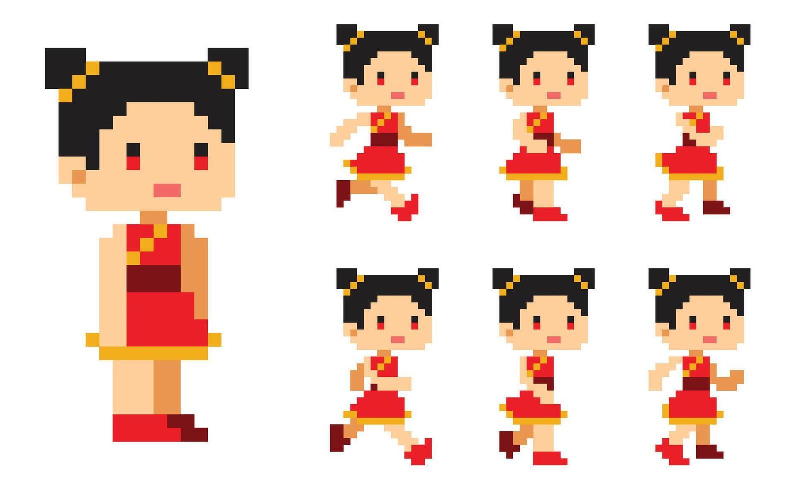 pixel art chinois fille personnage courir animation vecteur