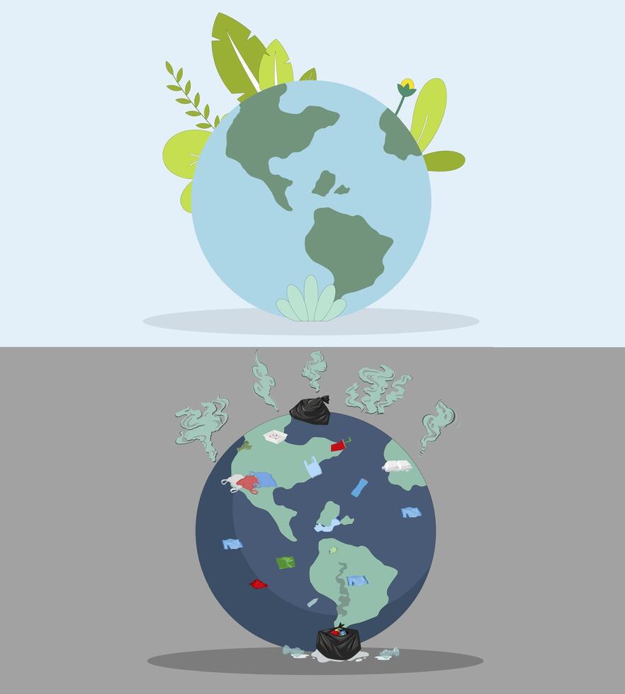 pollué et nettoyer planète, vecteur la pollution sur Terre comparer avec globe éco planète, écologie sauvegarder, monde environnement mondial, protection