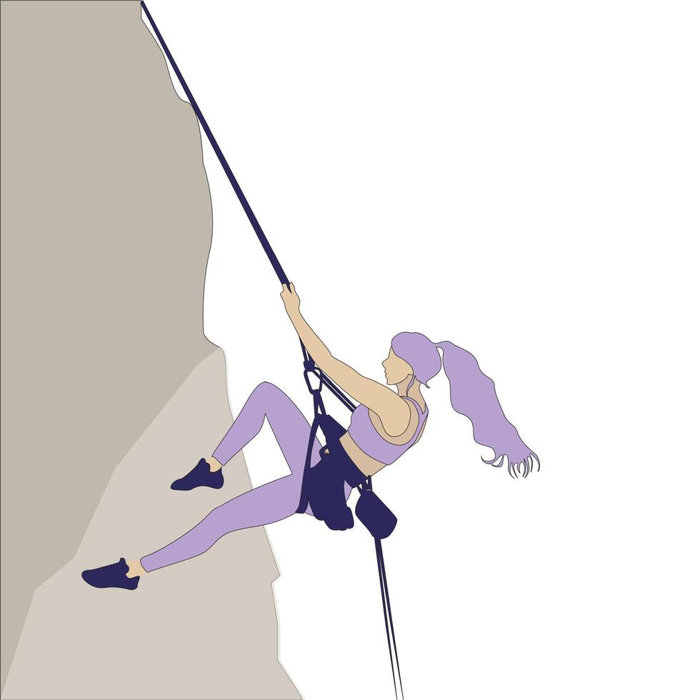 montée osciller, grimpeur femme sur mur, Montagne sport illustration, femme pendre sur falaise, la personne accomplir extrême danger exercice vecteur