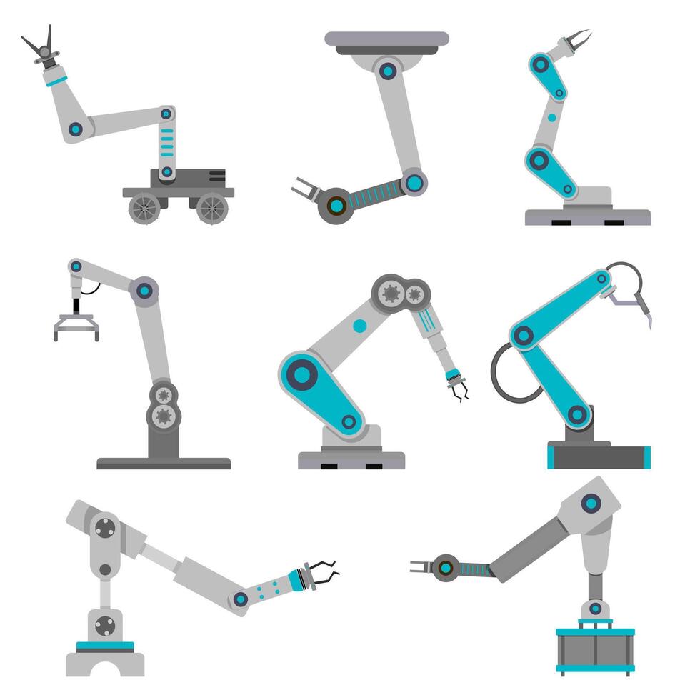 industrie robot pour pack produit, ai électronique bras industriel automatique, robotique convoyeur, robot bras intelligence pour emballage et assemblée, pincer machine. vecteur illustration