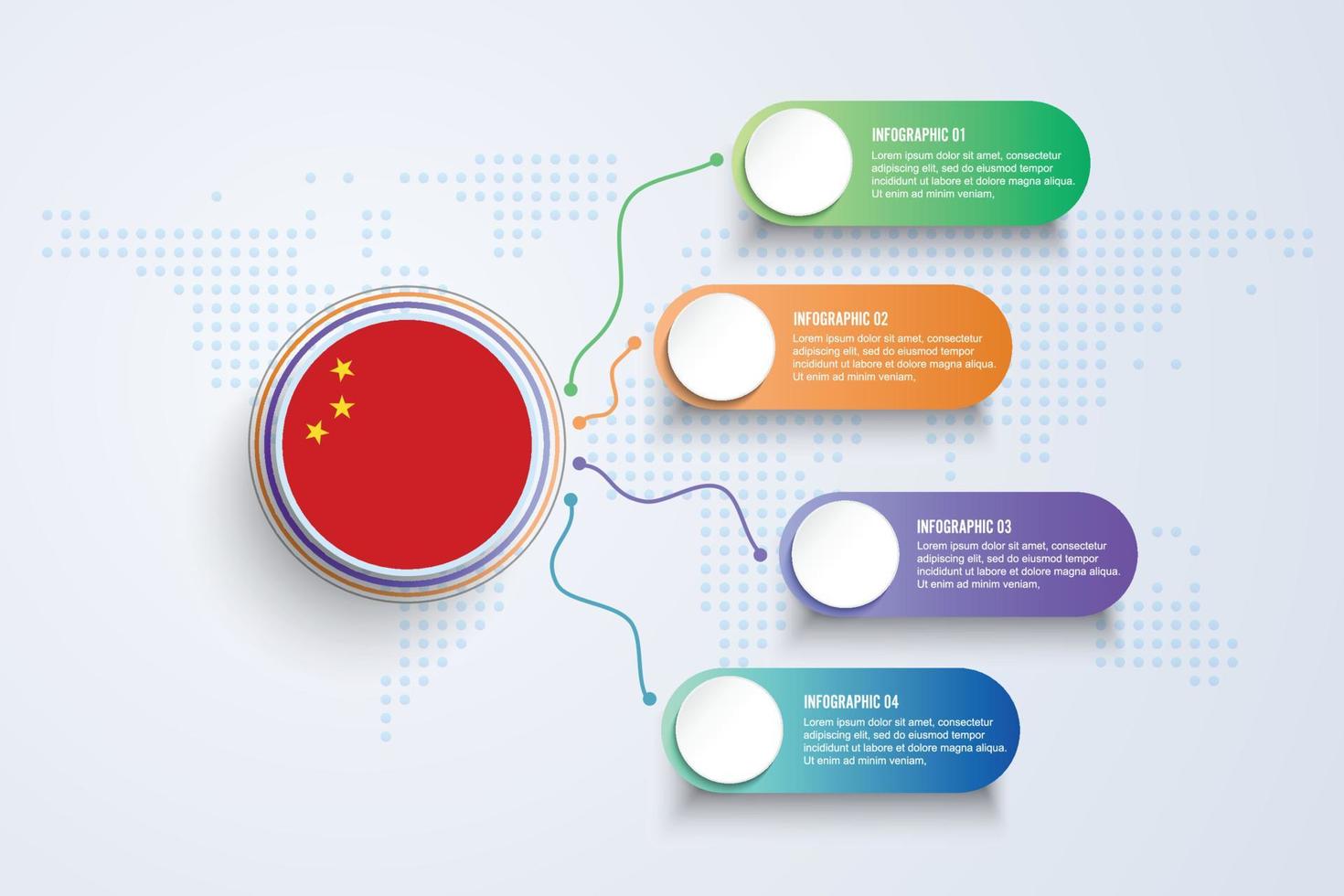 drapeau de la Chine avec un design infographique isolé sur la carte du monde à points vecteur