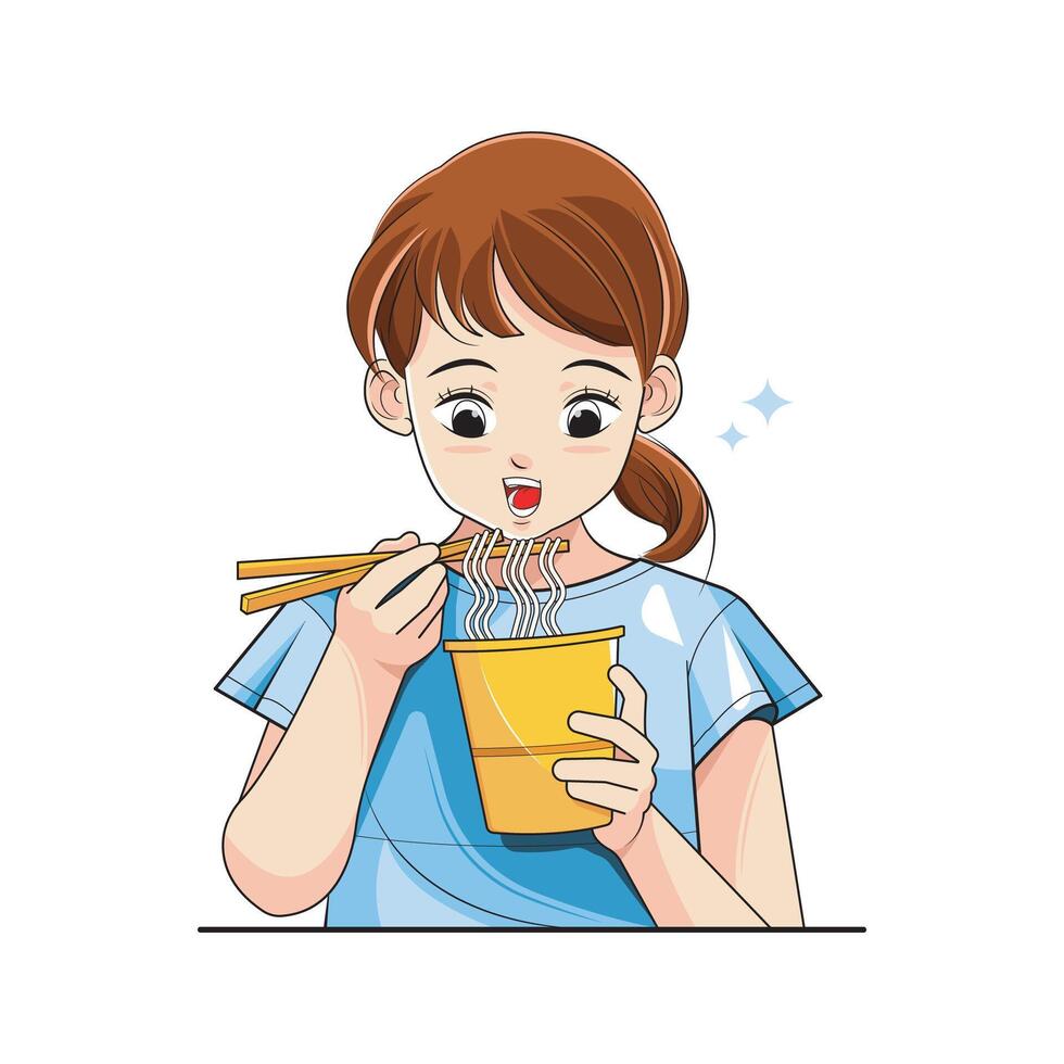 manger nouilles. peu fille en mangeant nouilles de une tasse en utilisant baguettes. vecteur illustration