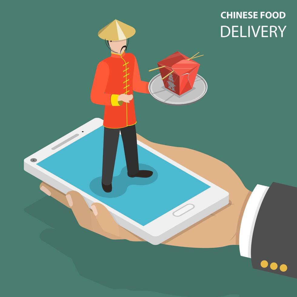 chinois nourriture en ligne commande plat isométrique faible poly vecteur concept.