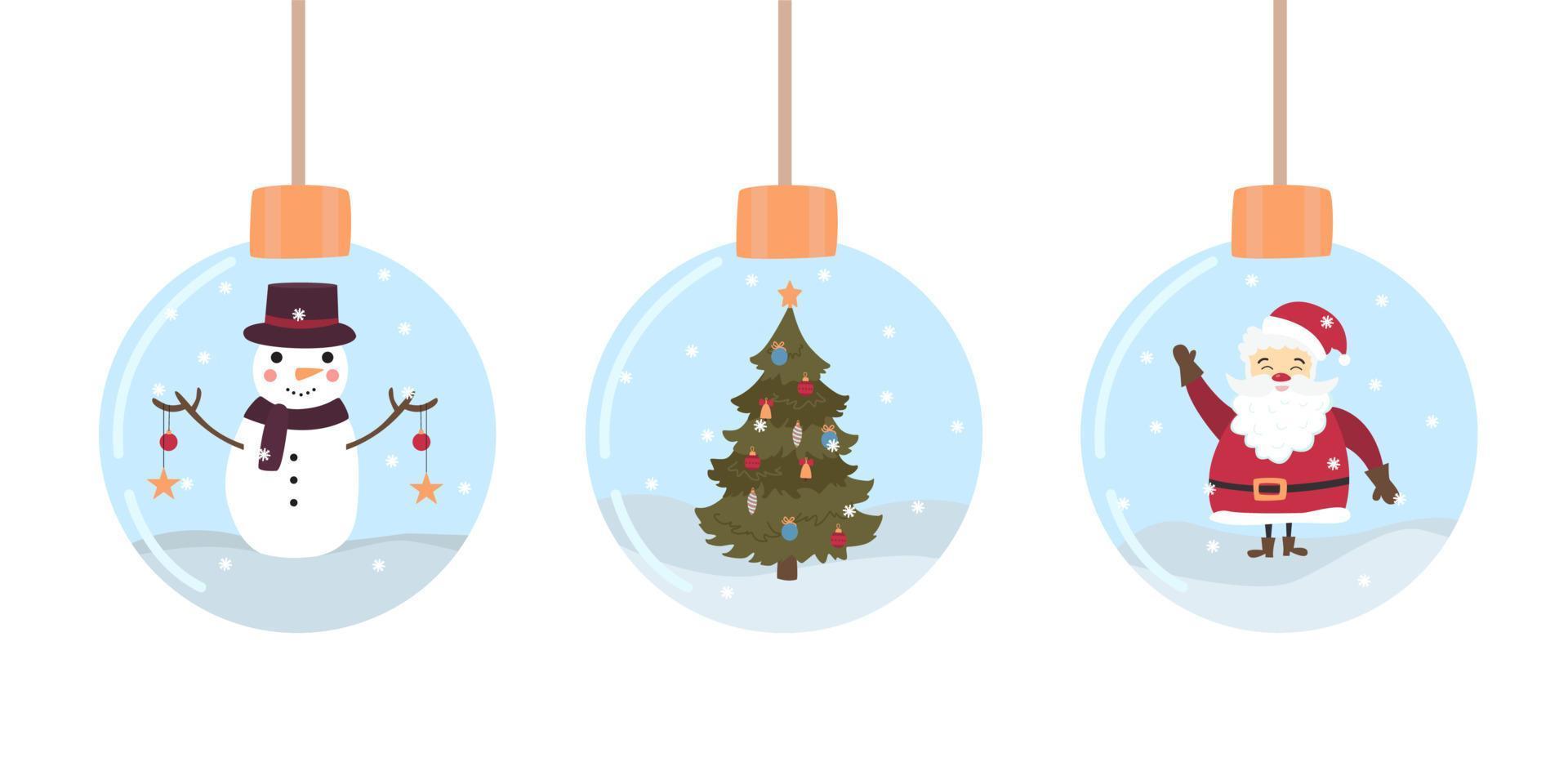 boules de noël avec un bonhomme de neige, un arbre de noël et le père noël. illustration vectorielle plane dans le style doodle. vecteur
