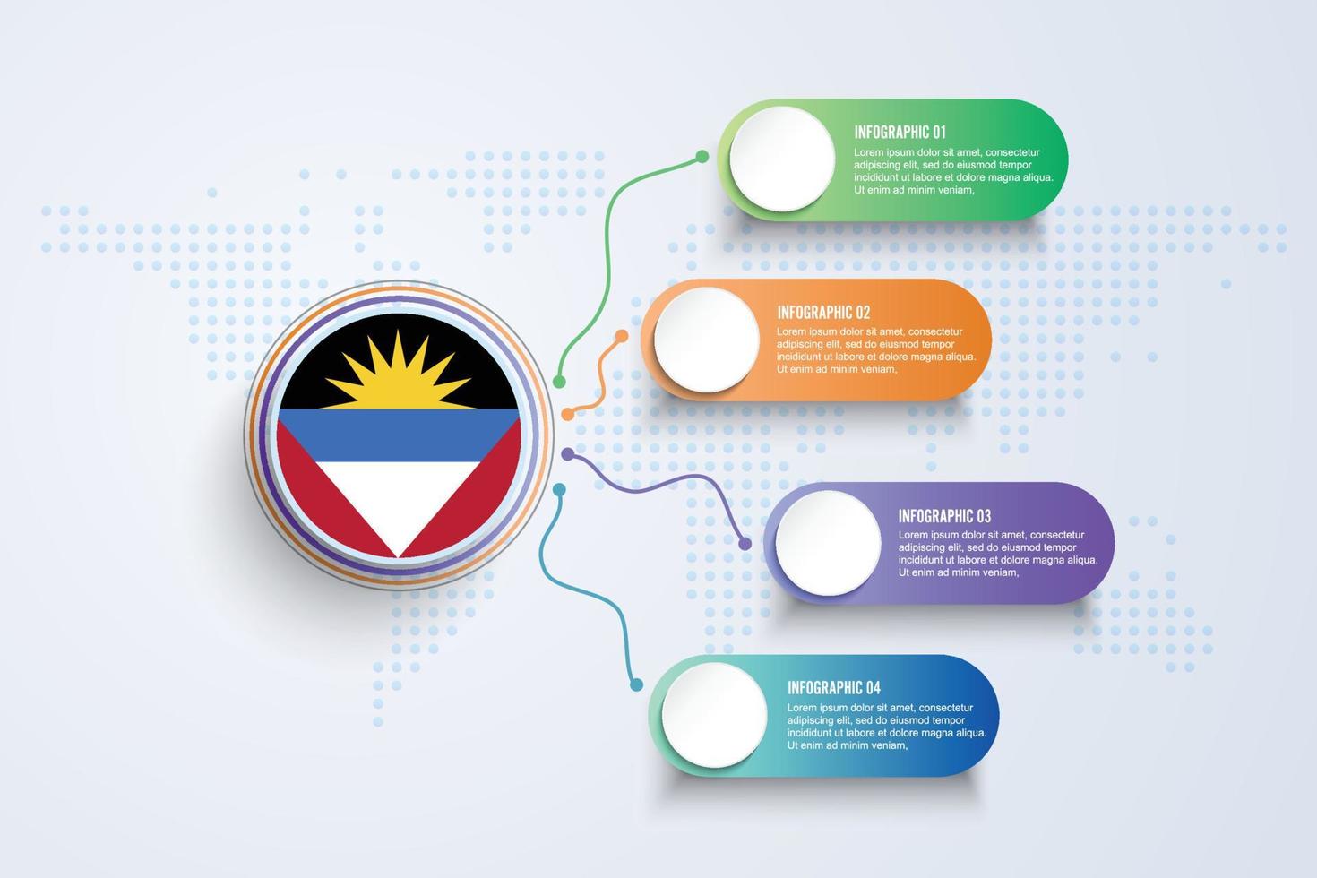 Drapeau d'Antigua-et-Barbuda avec un design infographique isolé sur la carte du monde à points vecteur