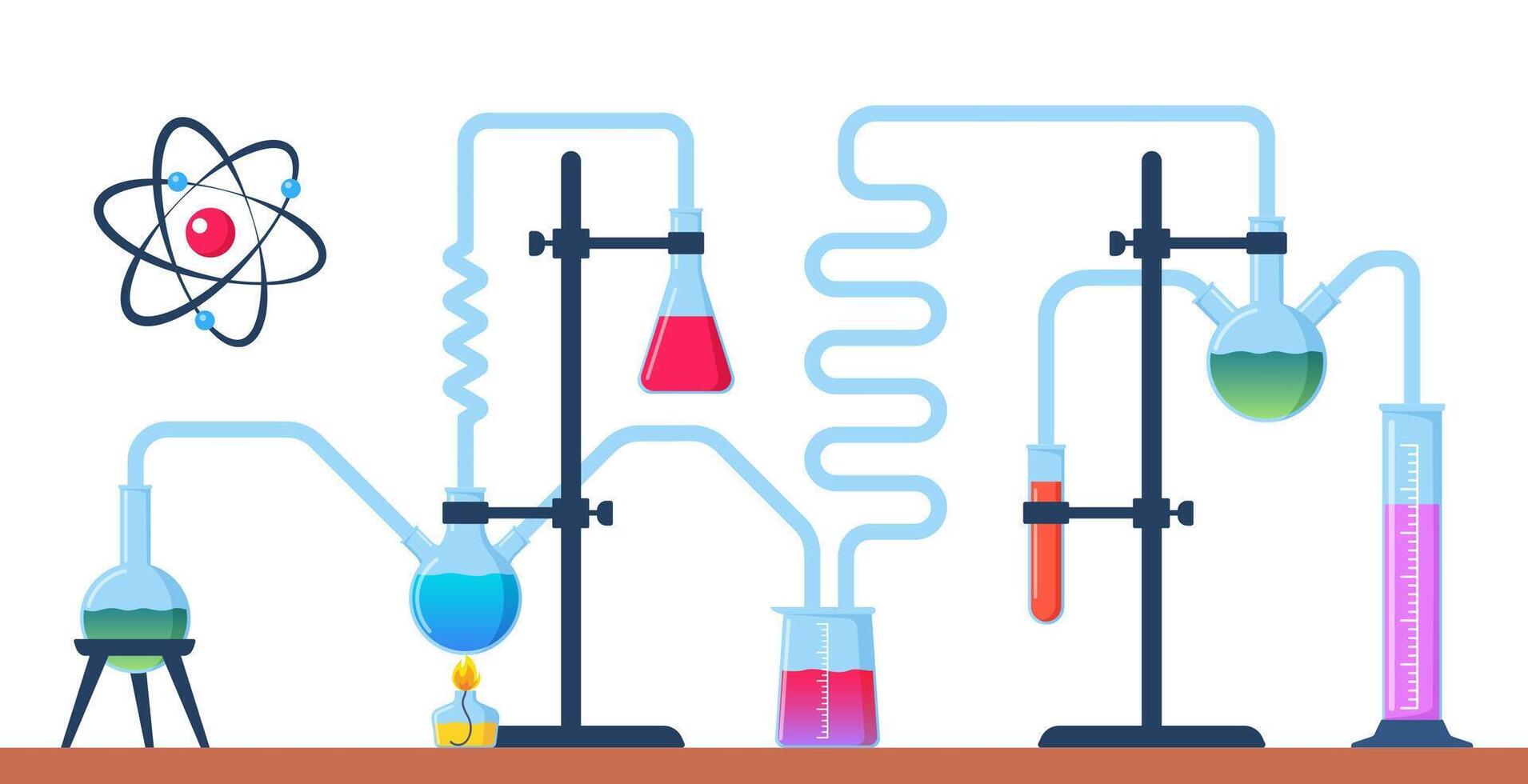 chimique laboratoire avec différent verre flacons, flacons, des tubes à essai avec substance et réactifs. laboratoire recherche, essai, études dans chimie, la physique, la biologie. bannière, affiche. vecteur illustration.