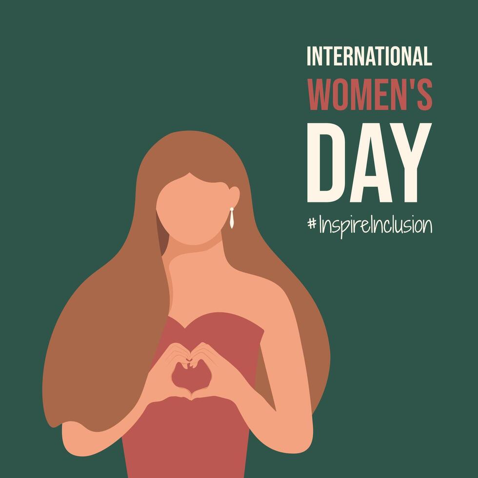 international aux femmes journée de inspirer inclusion affiche. minimaliste illustration avec inspirer l'inclusion slogan et magnifique fille. femme plier sa mains avec cœur pour iwd 2024. vecteur