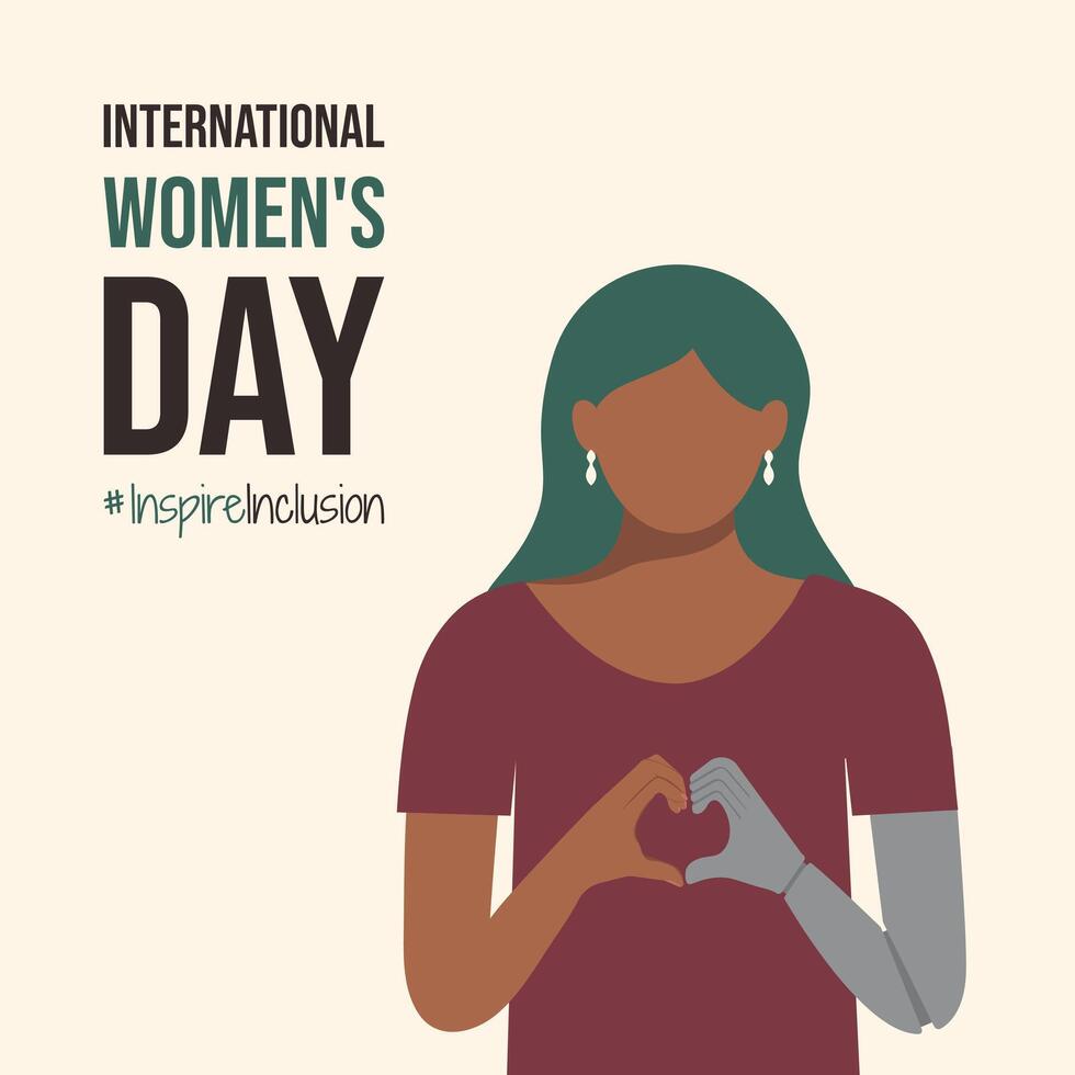 fille avec prothèse ou invalidité sur inspirer l'inclusion international aux femmes journée affiche. femme plier sa bionique mécanisme mains comme cœur iwd 2024. minimaliste carte postale avec inspirer inclusion slogan vecteur