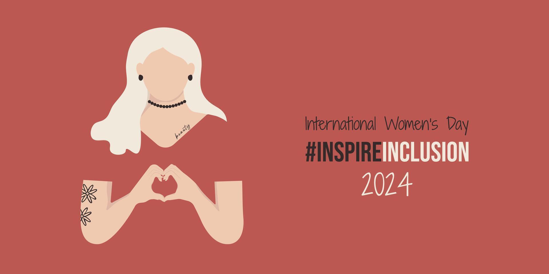 printemps inspirer l'inclusion international aux femmes journée bannière. femme plier sa mains avec cœur iwd 2024. Dame avec blanc albinos peau et tatouages sur minimaliste illustration avec inspirer inclusion slogan. vecteur