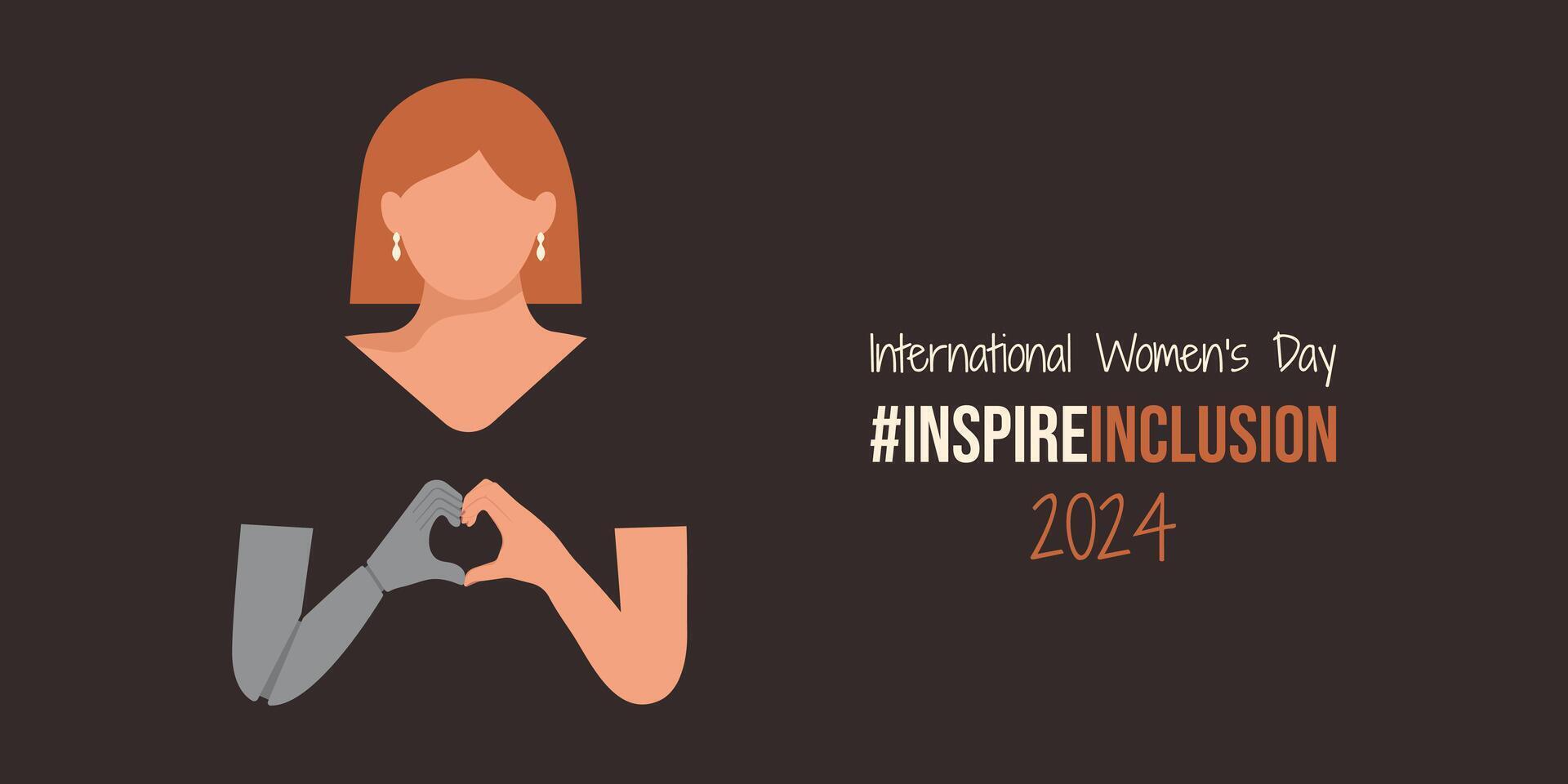 fille avec prothèse ou invalidité sur inspirer l'inclusion international aux femmes journée bannière. minimaliste illustration avec inspirer inclusion slogan. femme plier sa bionique mécanisme mains comme cœur iwd 2024. vecteur