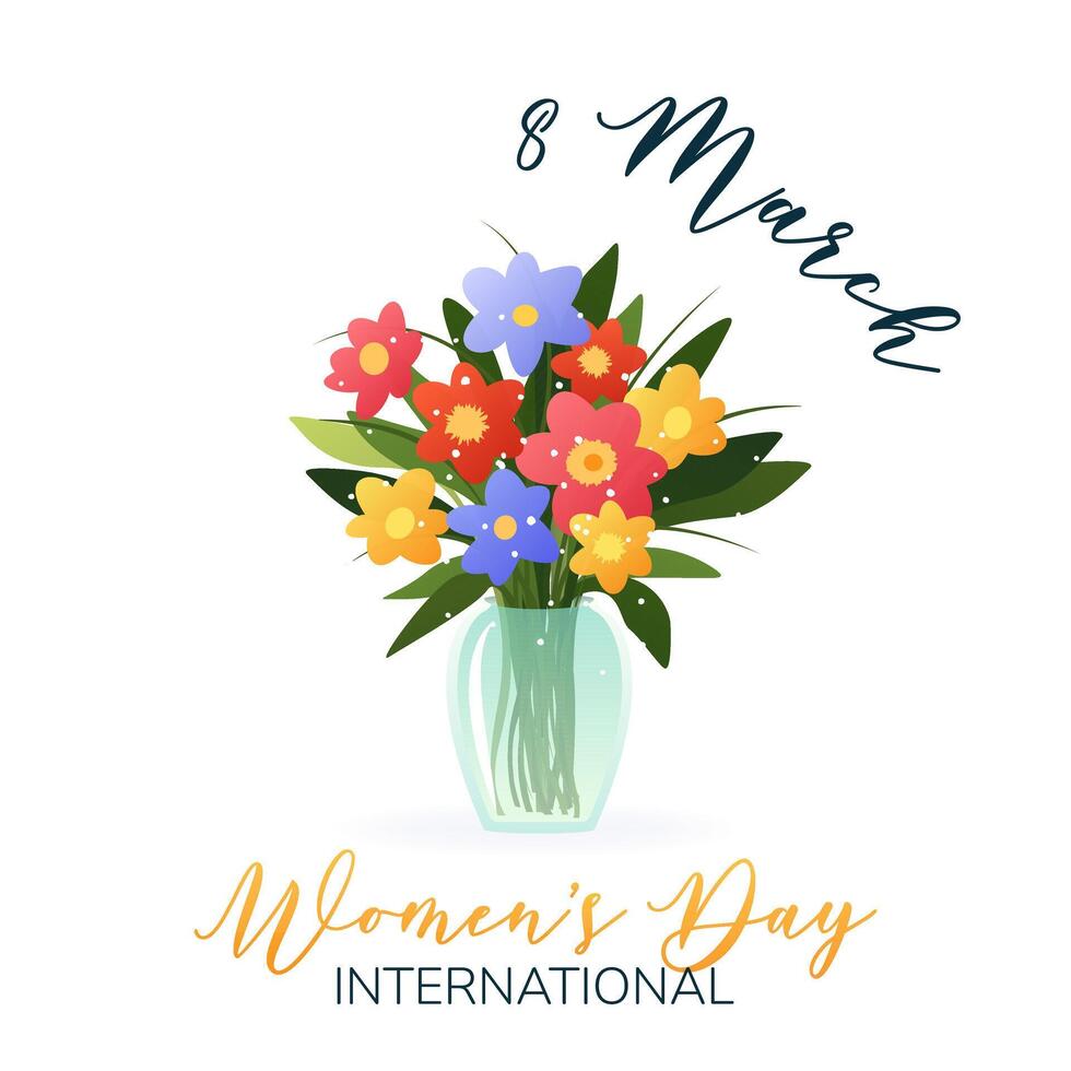 international aux femmes journée. 8 mars. bannière, carte postale avec isolé vase et bouquet de divers printemps fleurs sur blanc Contexte. moderne vecteur conception pour affiche, campagne, social médias poste.