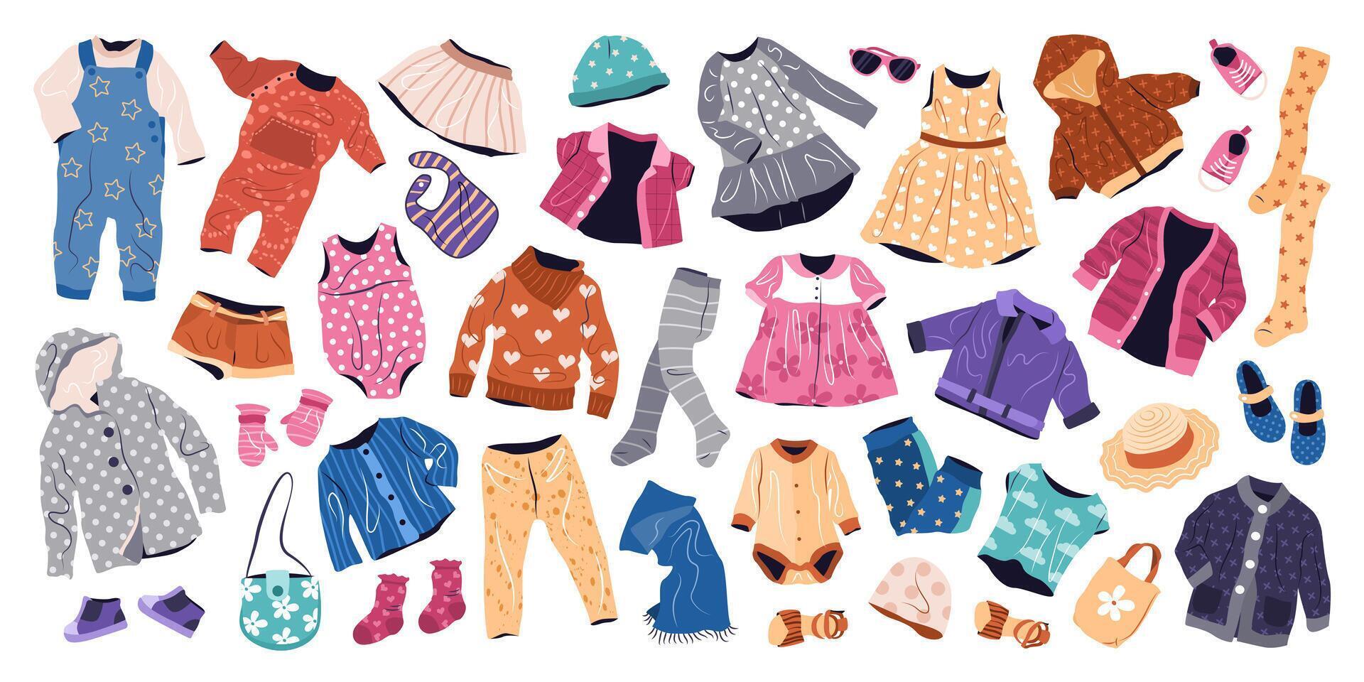 décontractée vêtements ensemble pour enfants. été et printemps mode habits pour garçons et filles. collection de élégant les enfants résistant. isolé plat vecteur des illustrations sur blanc Contexte.