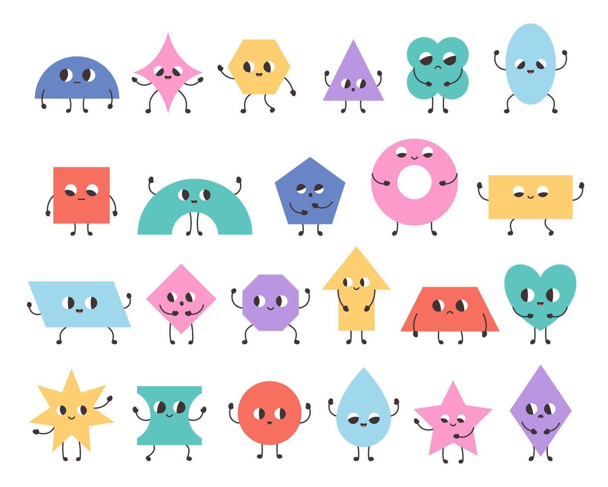 mignonne dessin animé géométrique formes personnages. de base abstrait géométrie Les figures avec dessin animé visages. branché éducatif objets pour préscolaire enfants. vecteur illustration dans plat style