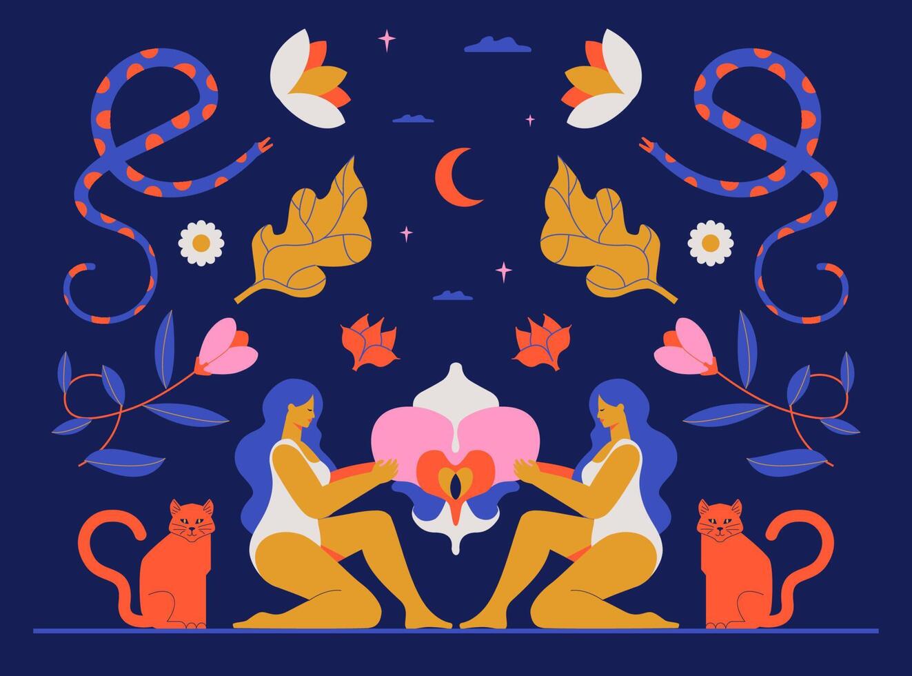un dessin mystique de l'interaction de deux femmes et d'une orchidée, symbole de la féminité sacrée. illustration boho avec fleurs, sorcières, lune, serpents, chats. vecteur