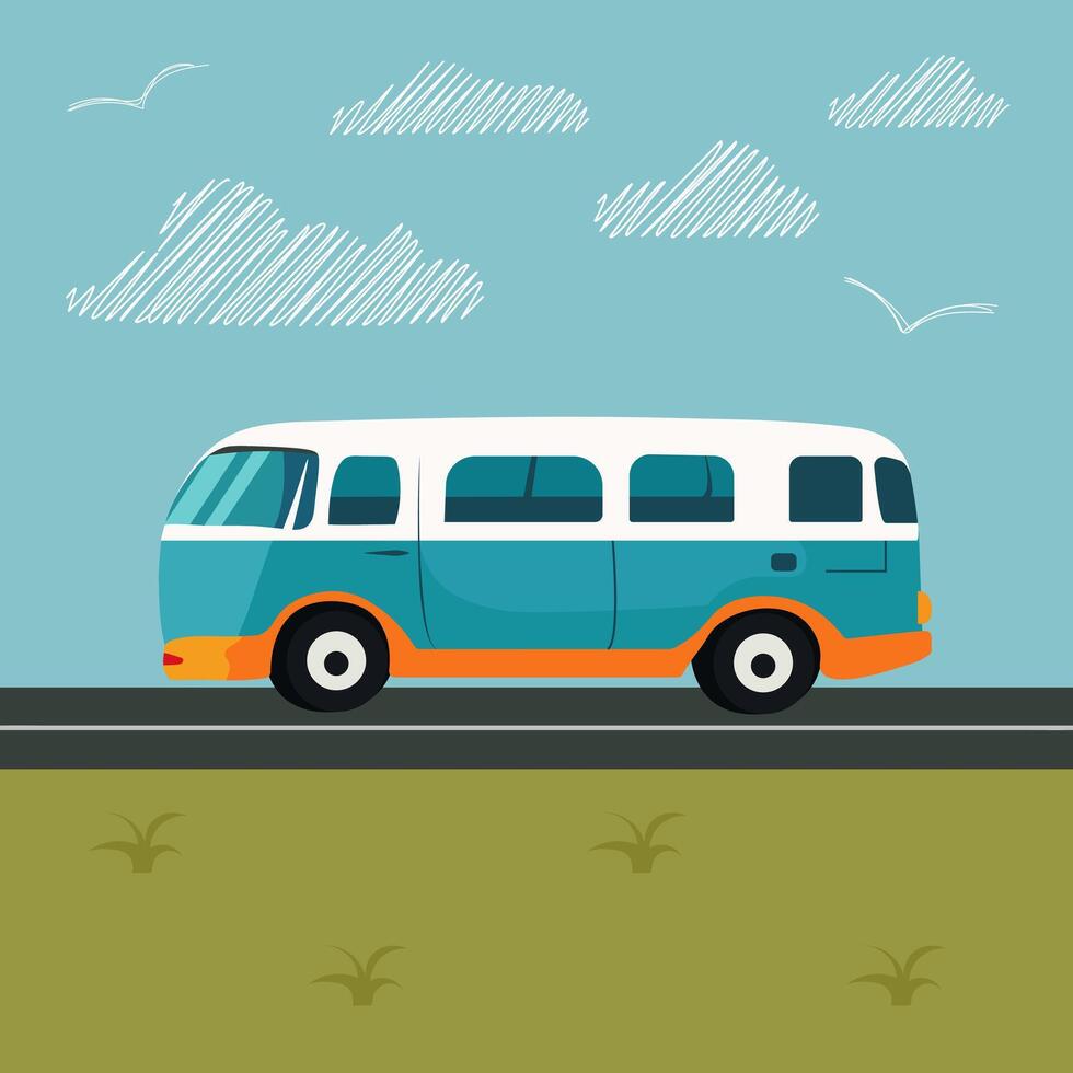 le autobus est en voyageant sur une Autoroute dans le désert. herbe, route et des nuages paysage plat vecteur illustration