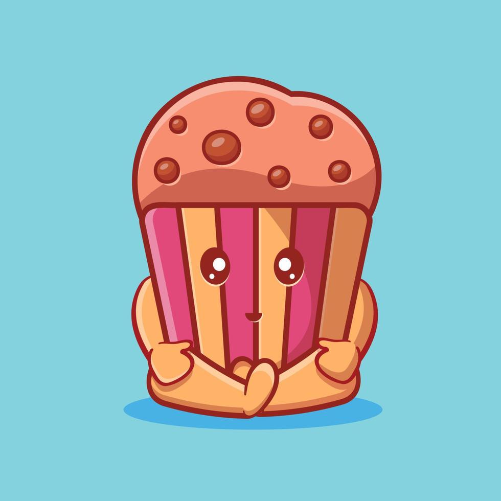 mascotte de gâteau muffin mignon assis dessin animé isolé dans un style plat vecteur