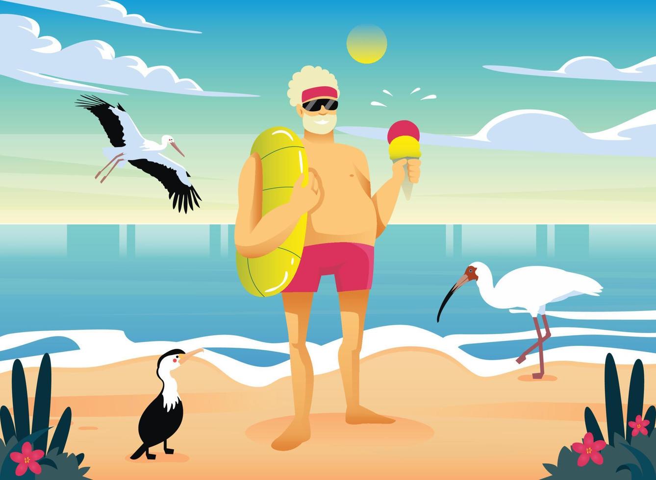 concept de plage d'été. gros vieil homme mangeant une glace avec des oiseaux vector illustration de conception