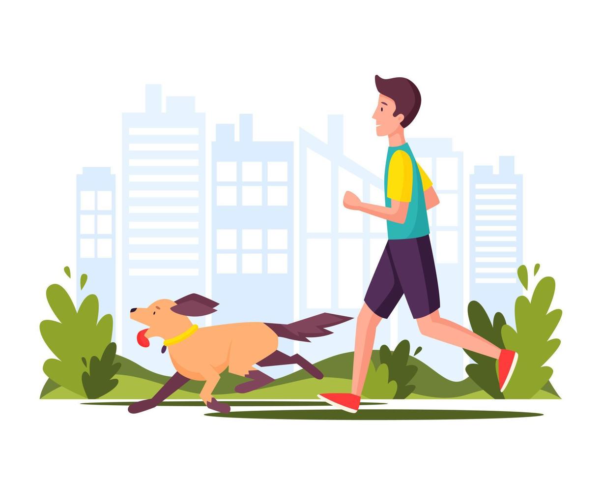 homme qui court ou marche avec un chien dans le parc. course sportive avec un animal de compagnie. concept de coureurs de la ville. illustration vectorielle dans un style plat de dessin animé. vecteur