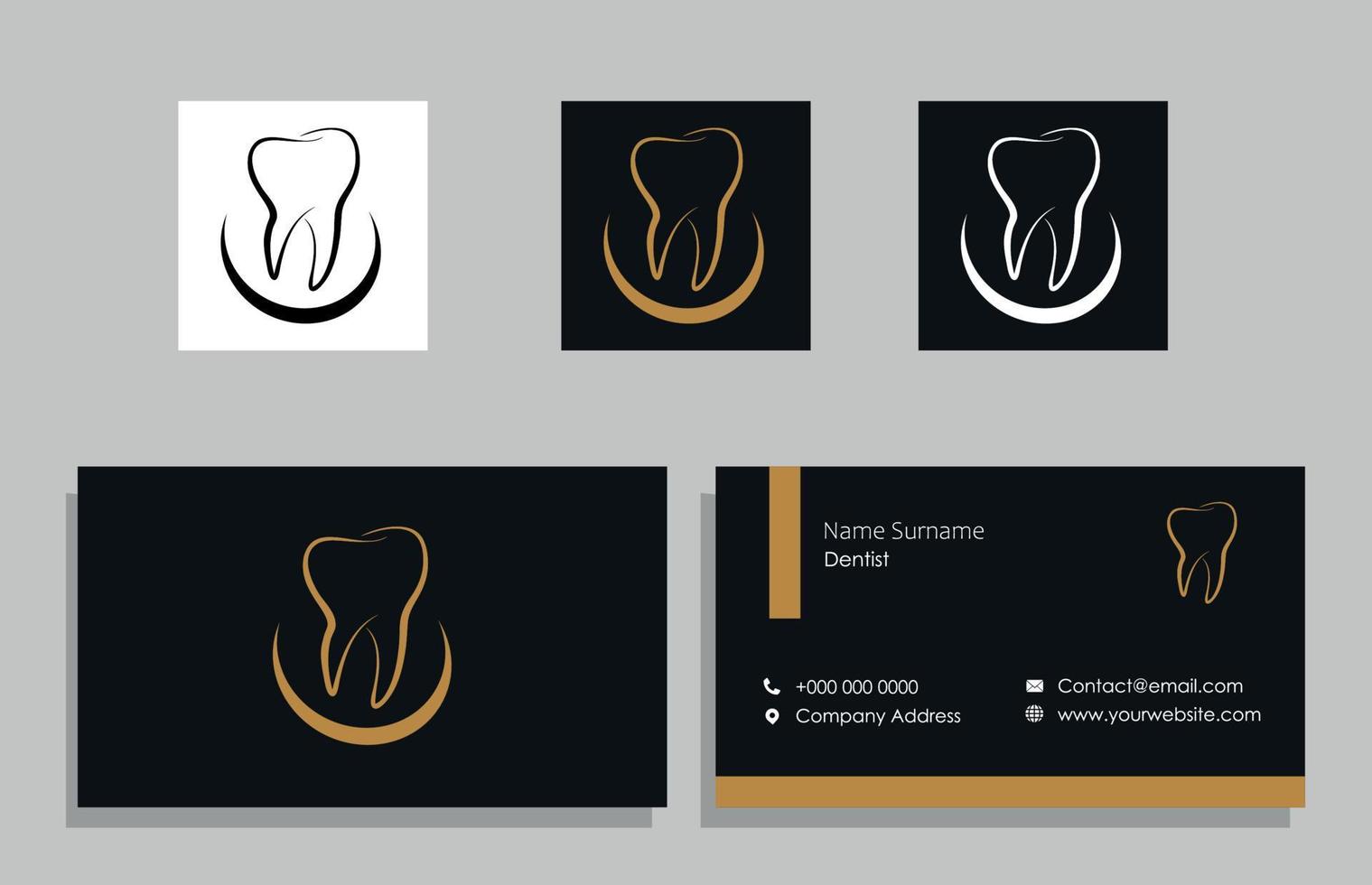 carte de visite dentiste noir et or avec logo dent vecteur
