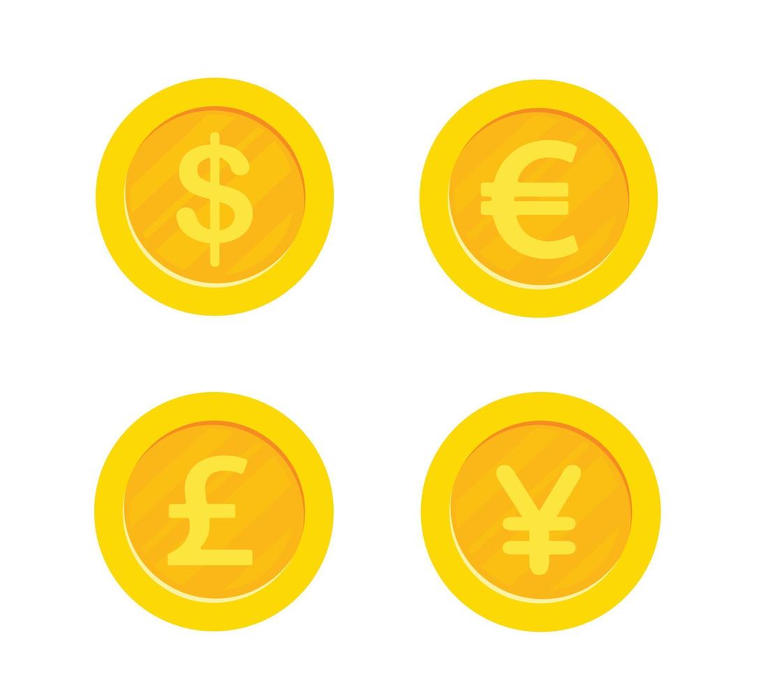 ensemble de pièces d'or avec 4 devises principales. dollar, euro, livre sterling, yen vecteur