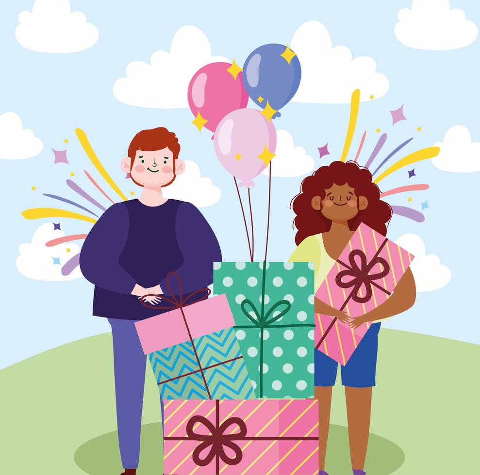 garçon et fille avec des ballons cadeaux fête dessin animé célébration festive vecteur