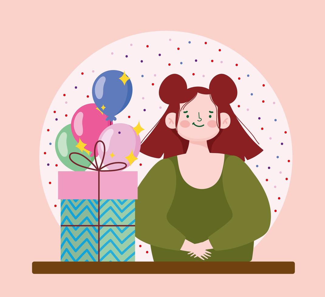 jolie fille avec boîte-cadeaux et dessin animé de célébration de fête de ballons vecteur