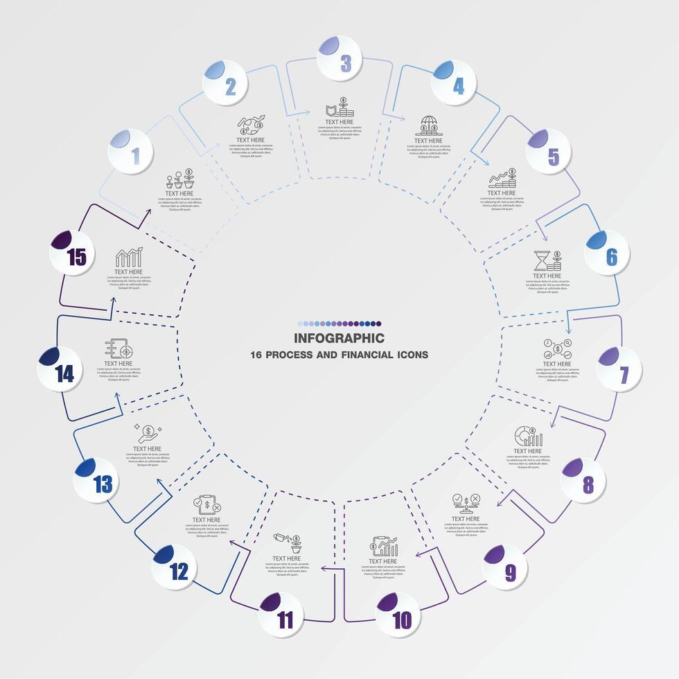 bleu Ton cercle infographie avec 15 pas, processus ou options. vecteur