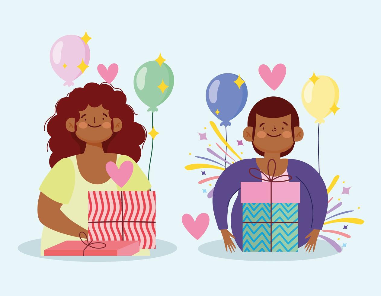 heureux homme et femme avec des cadeaux et des ballons dessin animé de célébration de fête vecteur