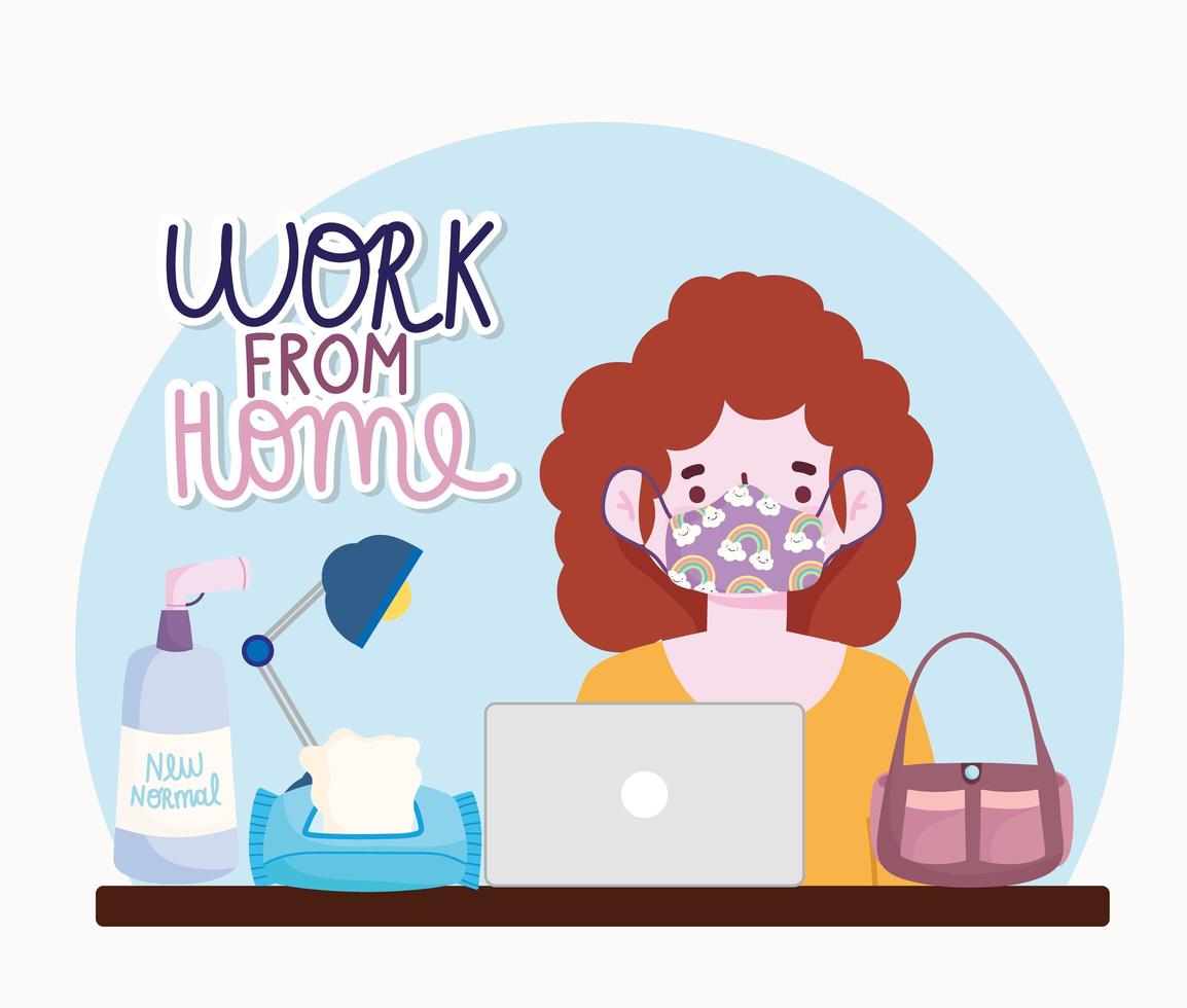 nouveau mode de vie normal, travail à domicile, femme avec masque pour ordinateur portable et dessin animé désinfectant à l'alcool pour les mains vecteur