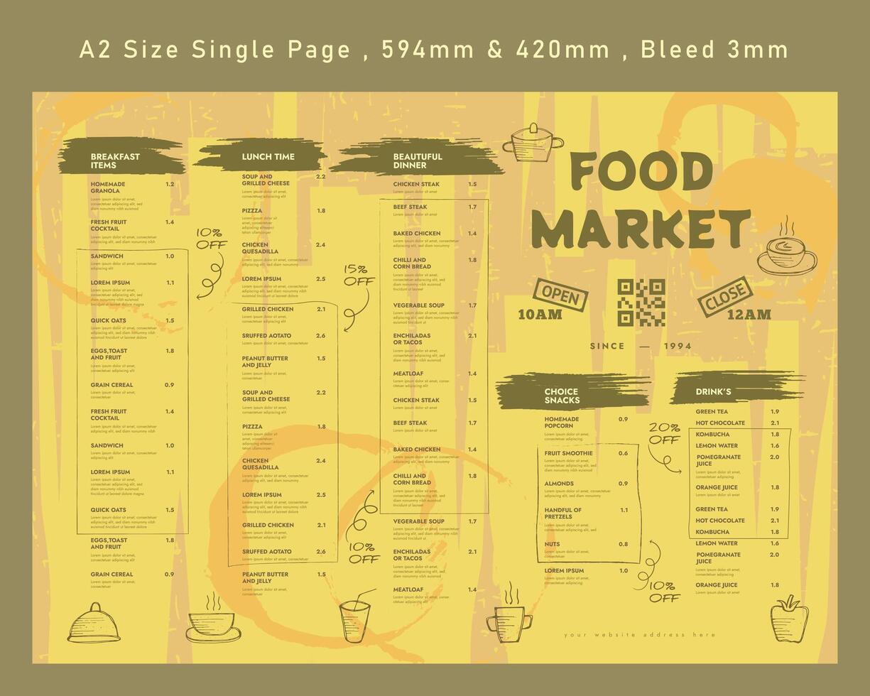 restaurant café menu, modèle conception. Célibataire page nourriture menu modèle, a2 Taille Célibataire page. vecteur
