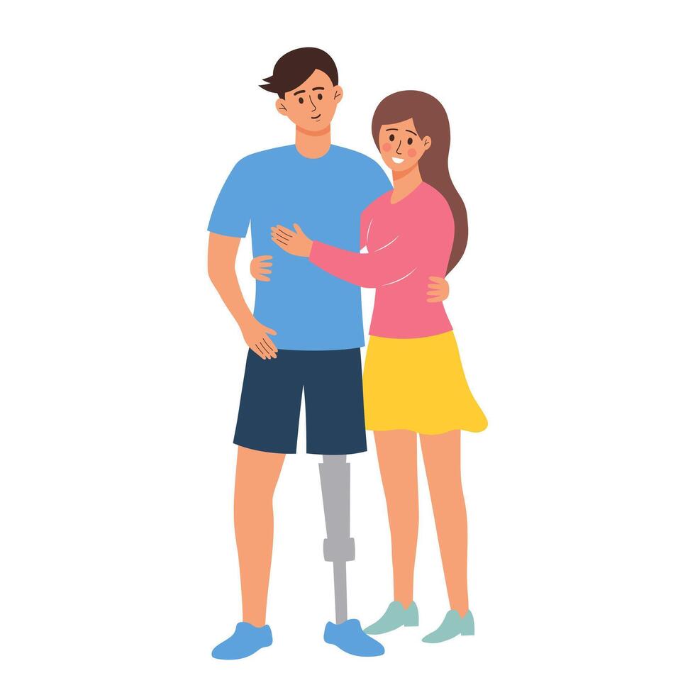 l'amour couple étreindre. désactivée homme avec une prothétique jambe et femme les soutiens lui. content handicap famille. vecteur