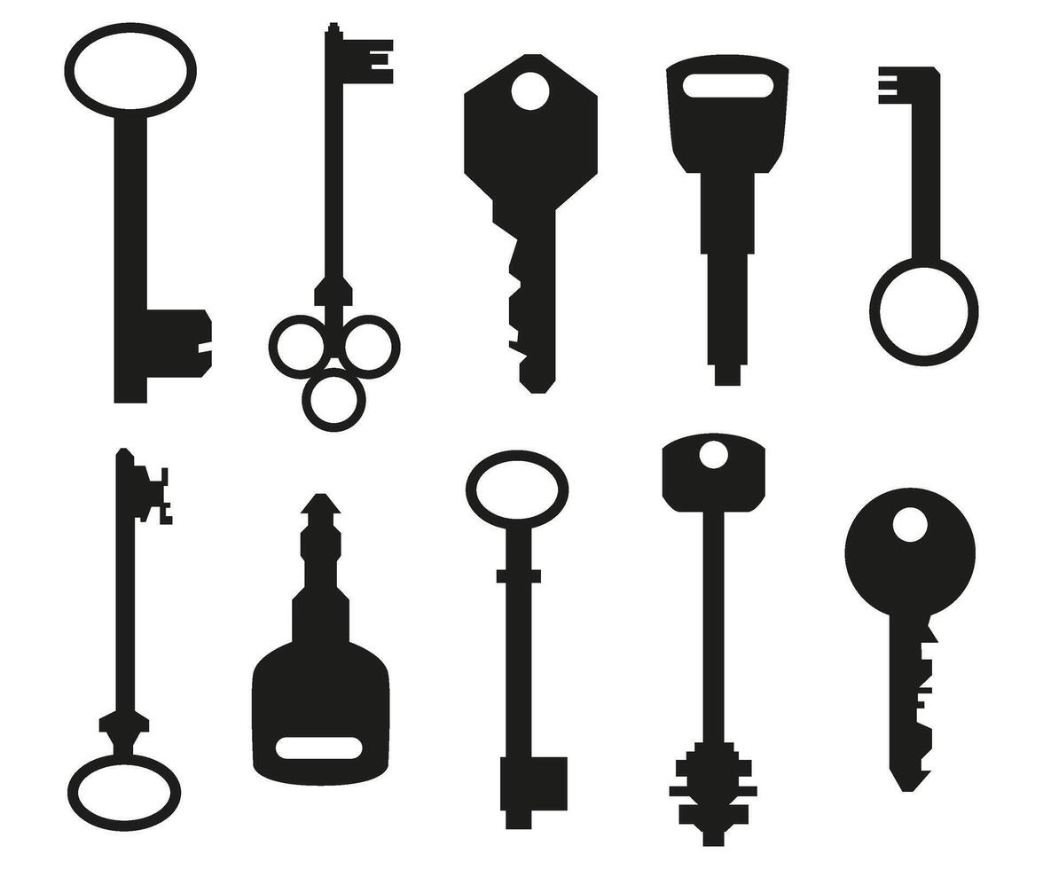 ensemble de antique et moderne clés pour différent serrures, ancien style clé silhouettes vecteur