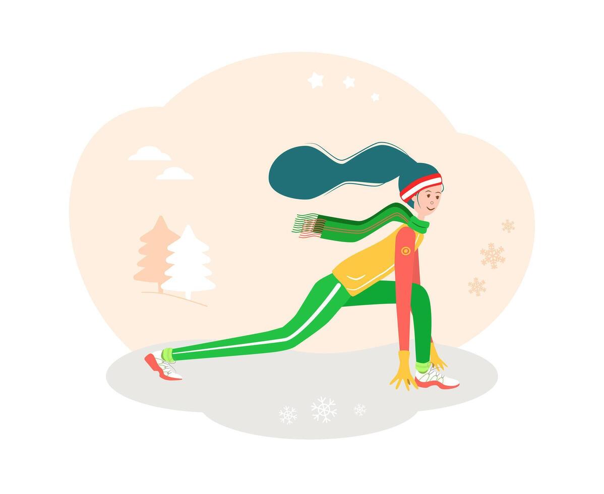 hiver entraînement. entraînement. bien être. hiver Extérieur activité. fille effectue des exercices à hiver saison habillé dans chaud vêtements. plat dessin animé vecteur illustration