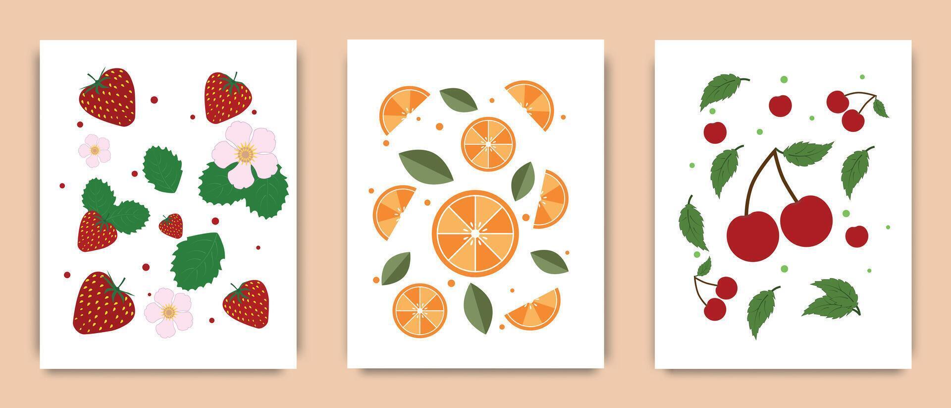 fruit affiches dans moderne style, mur art. illustration de fraise, Orange et Cerise sur une blanc Contexte. printemps et été saison conception pour Accueil décor, intérieur. vecteur