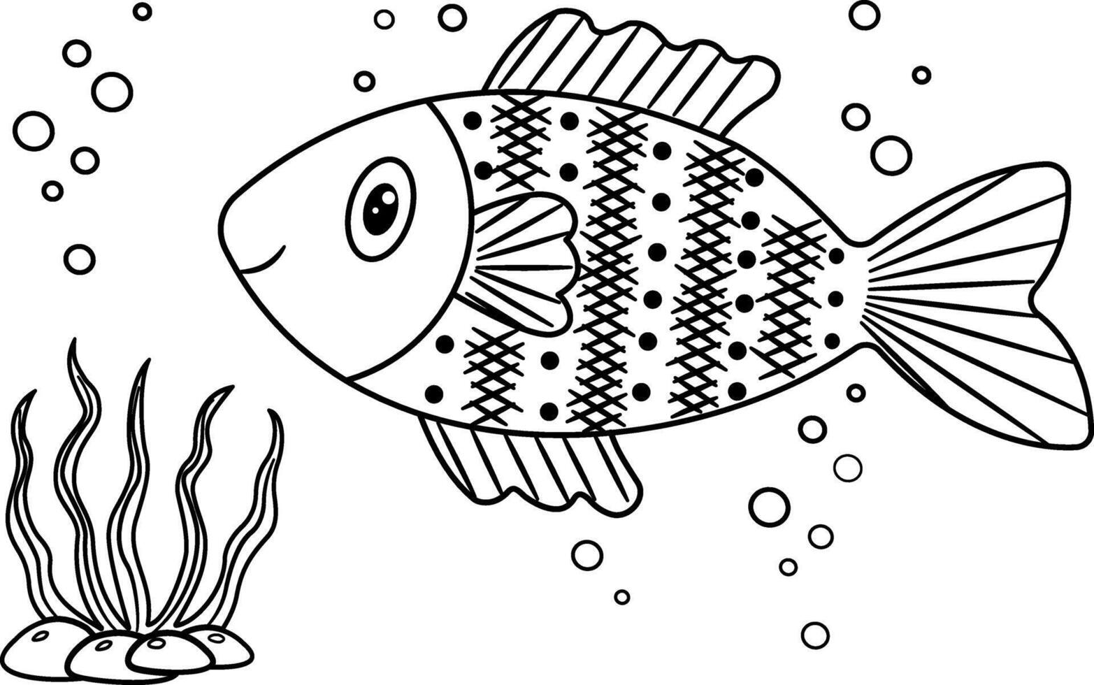 vecteur coloration livre pour enfants. le Marin monde, poisson, rochers et algues. noir et blanc illustration de sous-marin vie, mer créatures, algues et poisson.