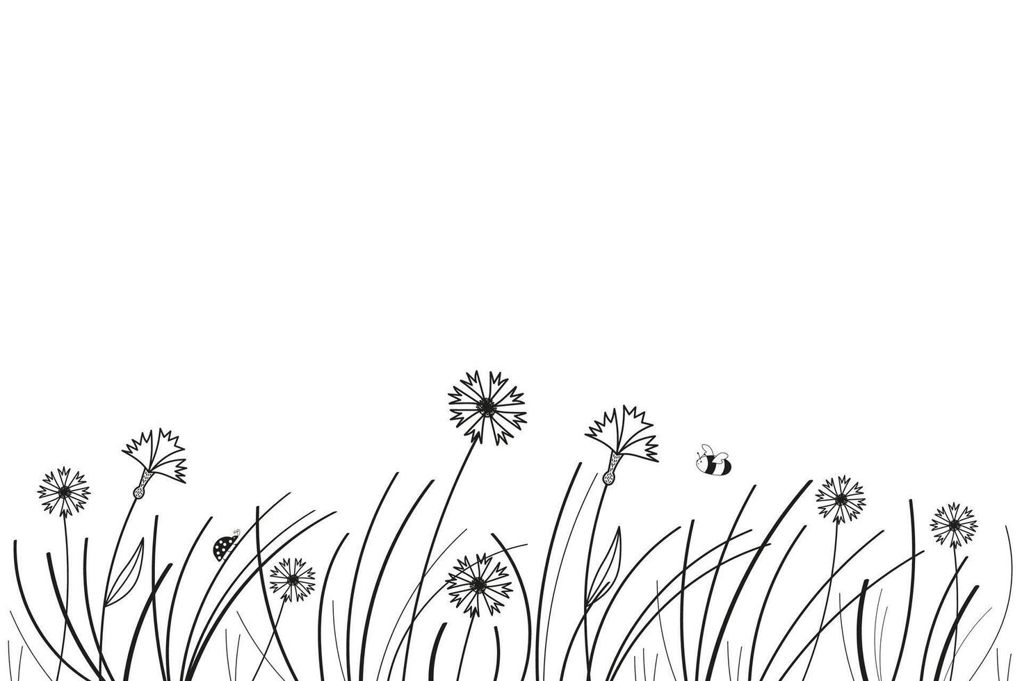 champ avec fleurs sauvages, herbe, insectes esquisser main tiré bannière sur isolé blanc Contexte vecteur illustration. floral modèle avec noir ligne silhouette de clairière fleurs bleuets, coccinelle, abeille