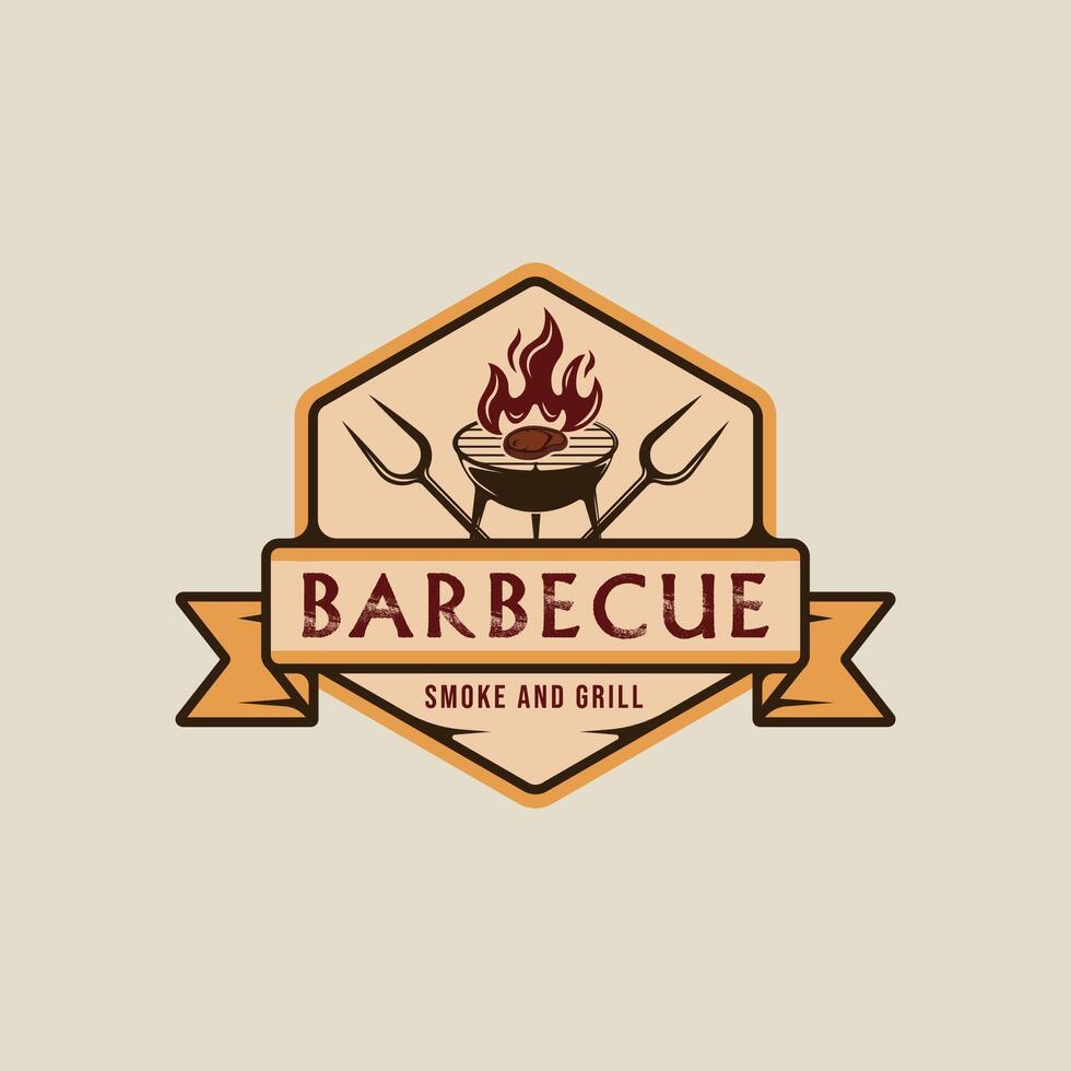 barbecue steak logo emblème vecteur illustration modèle icône graphique conception. un barbecue gril avec flamme et Viande fourchette signe ou symbole pour nourriture restaurant steak maison avec badge rétro typographie style