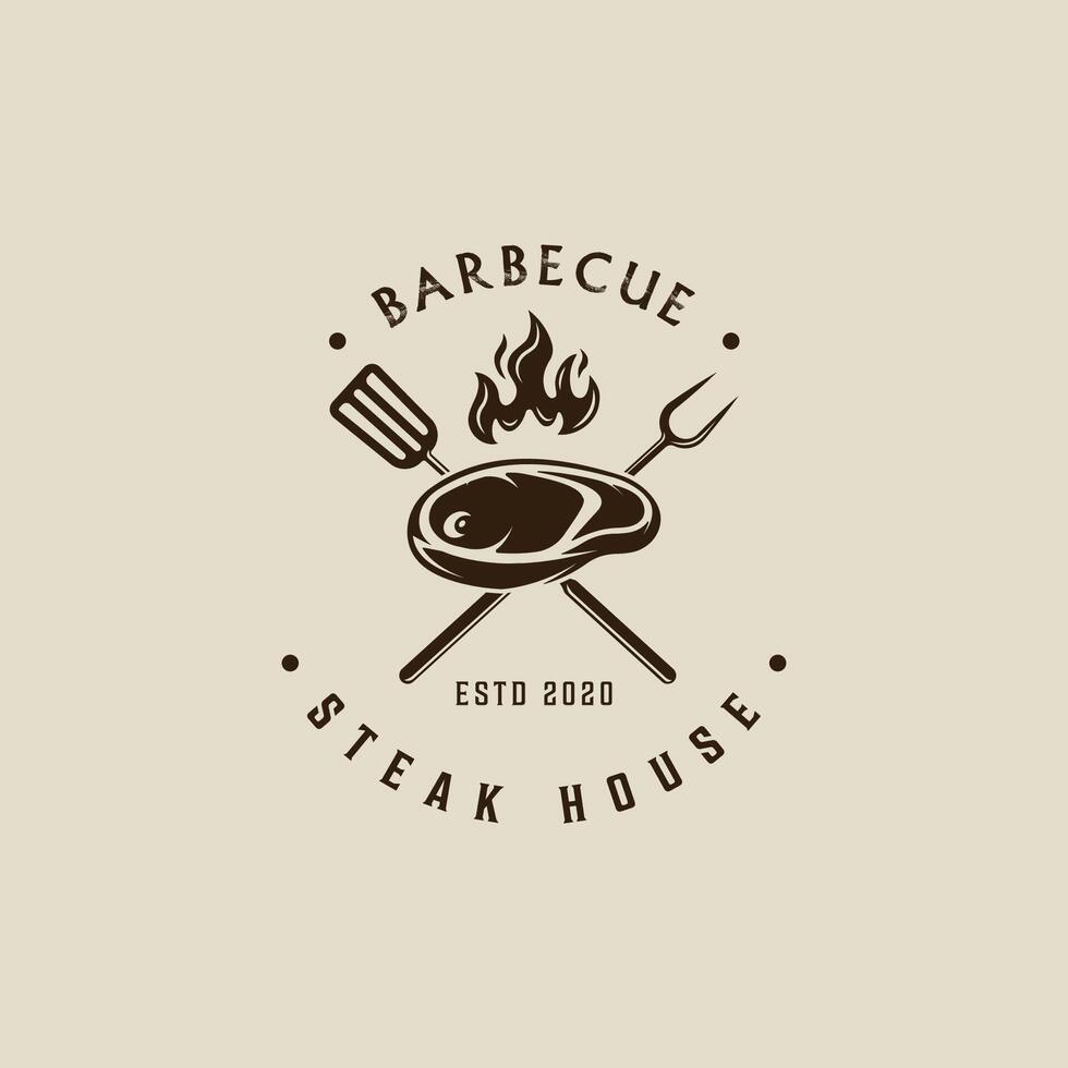 barbecue steak logo ancien vecteur illustration modèle icône graphique conception. un barbecue gril avec flamme et Viande spatule et fourchette signe ou symbole pour nourriture restaurant steak maison avec rétro typographie style