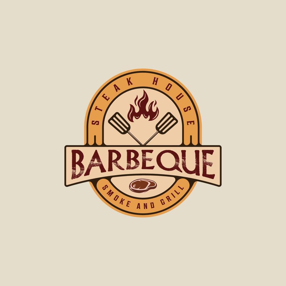 barbecue steak logo emblème vecteur illustration modèle icône graphique conception. un barbecue gril avec flamme et Viande fourchette signe ou symbole pour nourriture restaurant steak maison avec badge rétro typographie style