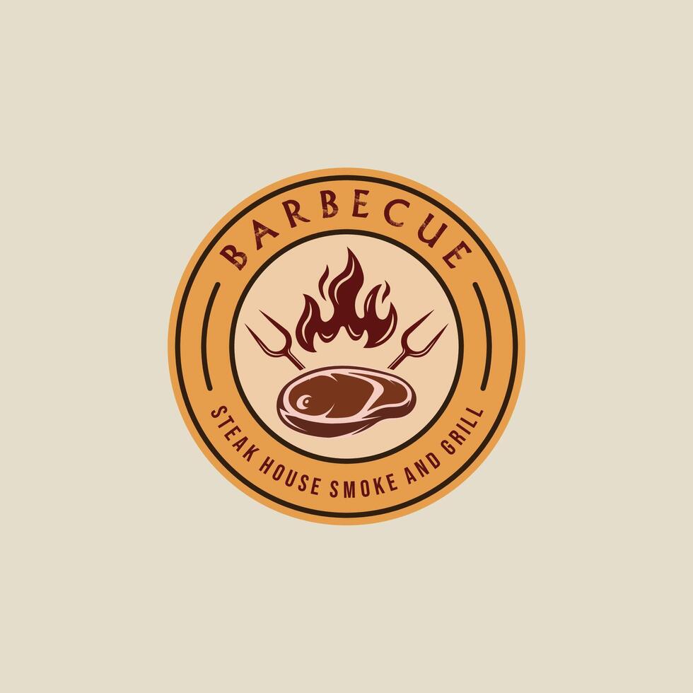 barbecue steak logo emblème vecteur illustration modèle icône graphique conception. un barbecue gril avec flamme et Viande fourchette signe ou symbole pour nourriture restaurant steak maison avec cercle badge rétro typographie style