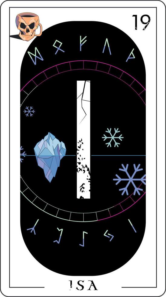 viking tarot carte avec runique alphabet. runique lettre appelé est un suivant à un iceberg et le symbole de la glace isolé sur noir. vecteur