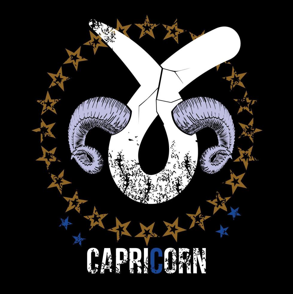 T-shirt conception de le Capricorne symbole le long de avec une cercle de étoiles et deux cornes sur une noir Contexte. vecteur